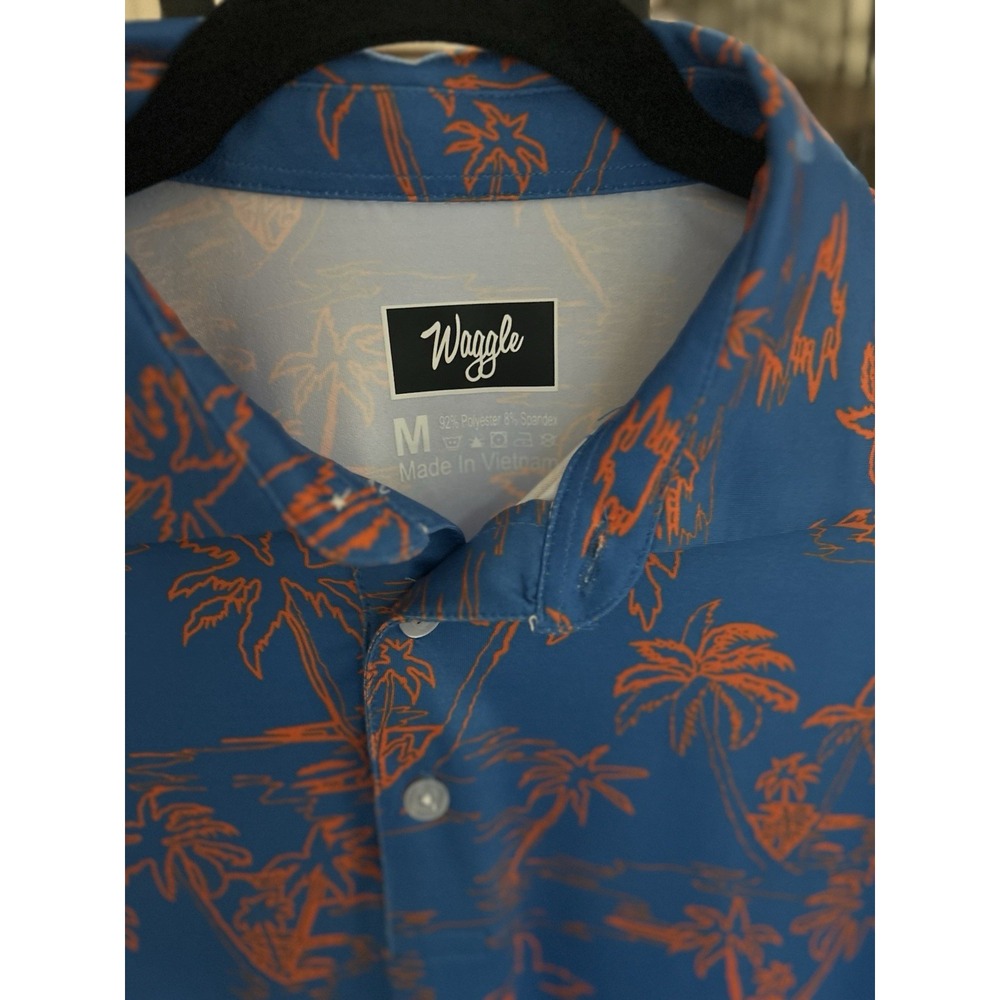 Waggle Men's Size Medium Blue Palms Tropical Polo Shirt Short Sleeve Collar Golf - Picture 3 of 4